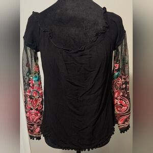 Venus Off The Shoulder Boho Top w/ Colorful Embroidery Sheer Sleeves Size M